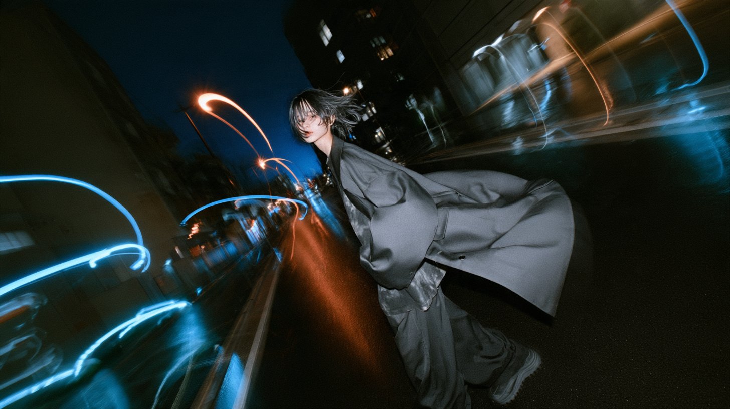 夜の街路を歩くNØEVA、風になびく黒髪とオーバーサイズのジャケット