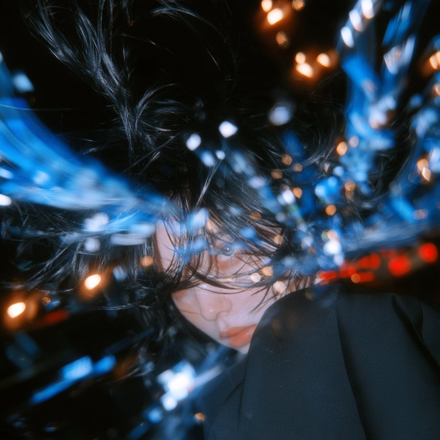 Somewhere, For a While EP アートワーク — 青い光の軌跡と黒髪に埋もれた横顔